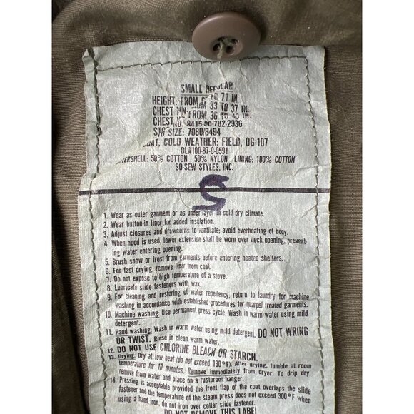 Vintage U.S. Military Cold Weather Field Jacket OD107 S Cotton Blend B4 - Picture 4 of 7